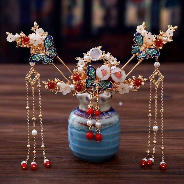 

earrings & necklace butterfly jewelry bridal wedding hair accessories chinese hairpins clips crystal pearls flower sticks for bride forseven, Silver