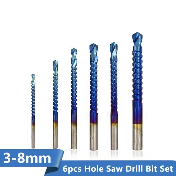 

drill bit 6pcs 3-8mm nano blue coated hole saw set wood cutter core professional bits