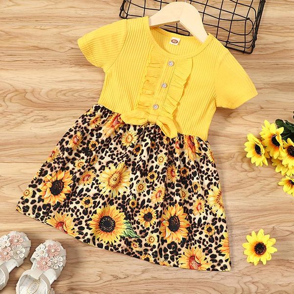 

baby girls summer flower dress sunflower printed short sleeve dresses for kids clothes girl's, Red;yellow