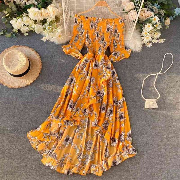 

seaside holiday floral print women dresses beach style slash neck off-shoulder high waist summer irregular ruffles sundress, Black;gray