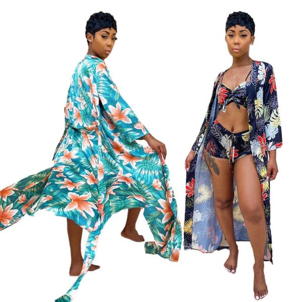 

retro printed 3pcs/set beachwear cover up set summer holidays swimwear+long sleeve cover-ups women's swimwear, White;black