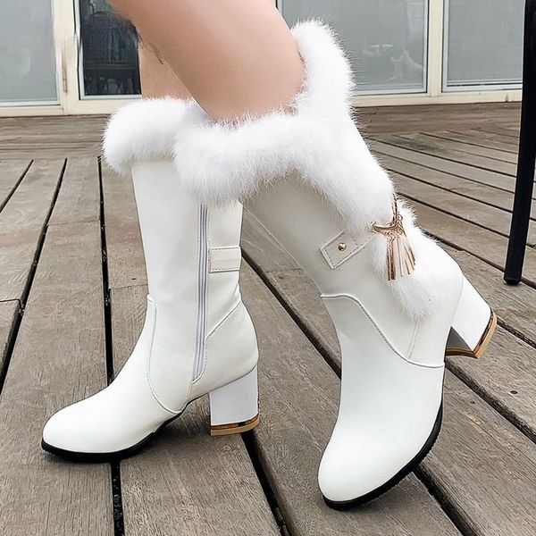 

boots 2021 winter long women's waterproof leather metal decoration round toe fur high heels size 34-43 drop, Black