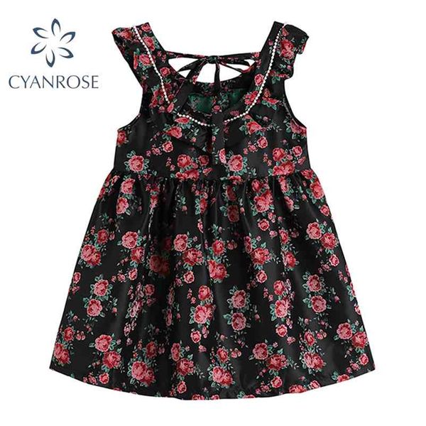 

summer fashion vintage mini dress for women red rose print sleeveless draped high waist retro elegant female dresses 210430, Black;gray