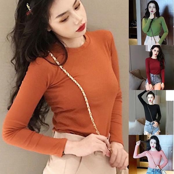 

women's t-shirt round neck solid color slim long sleeve bottoming shirt top, White