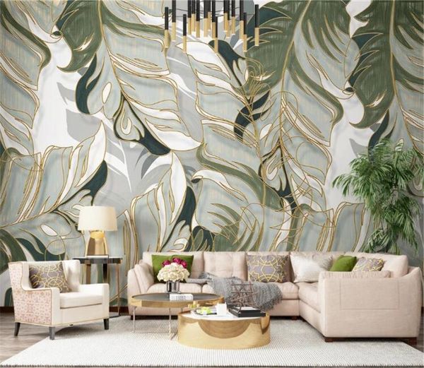

wallpapers bacal custom 3d wall paper nordic hand-painted tropical plants leaf lines light luxury tv background painting