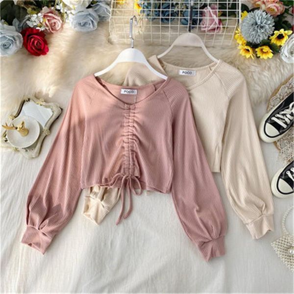 

women's t-shirt spring long sleeved t shirt women korean fashion drawstring design t-shirts female slim short tshirts mujer camise, White