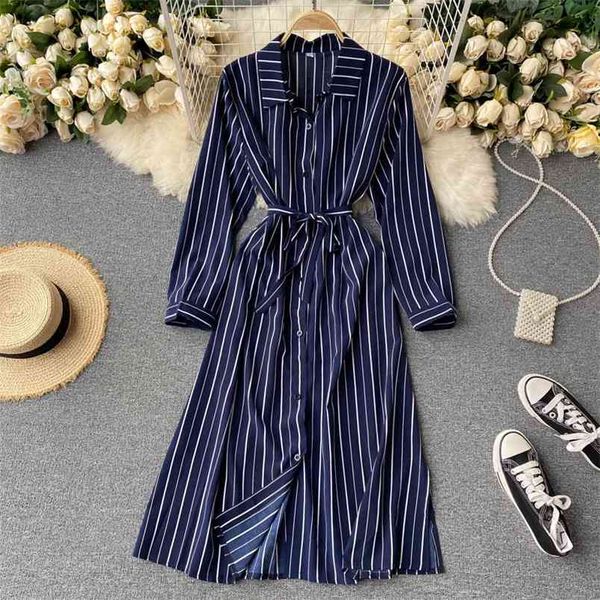 Mulheres Languic Shell Camisa Vestido Cidade Urbana Retro Striped Slim Fit Meio Comprimento Midi Vestidos Feminino PL578 210506