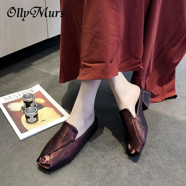 

slippers ollymurs pu leather open toe female woman flip flops summer shoes slip-on med heel wedges slides sandals women 2021, Black