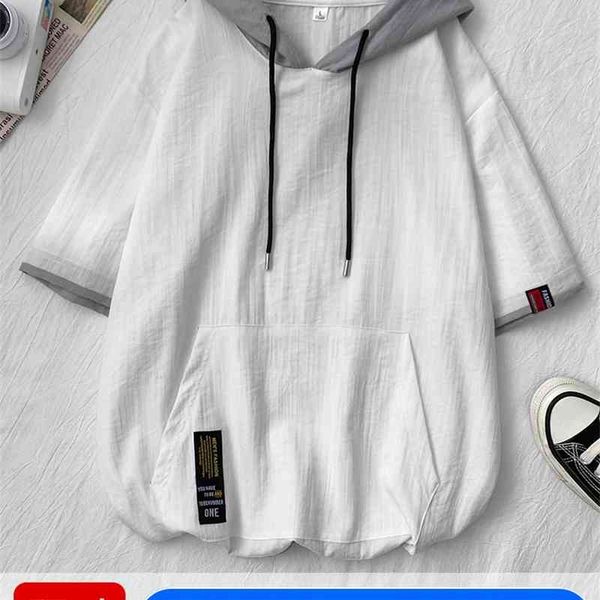 

short hooded sweater summer trendy men's casual 5 / 5 sleeve t-shirt, Black