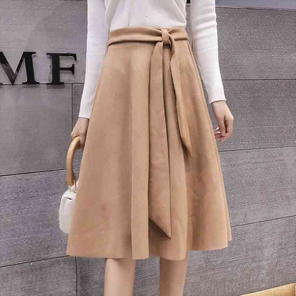 

winter women fashion suede midi skirts high waist bow sashes flare a-line pleated casual elegant female skirt s9924, Black