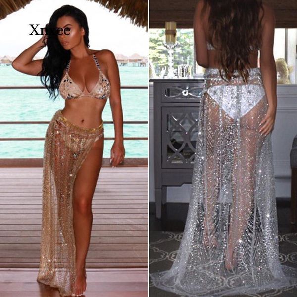 

skirts women's bathing sheer skirt cover split sequins beach up summer women fashion dancing high waist clothing, Black