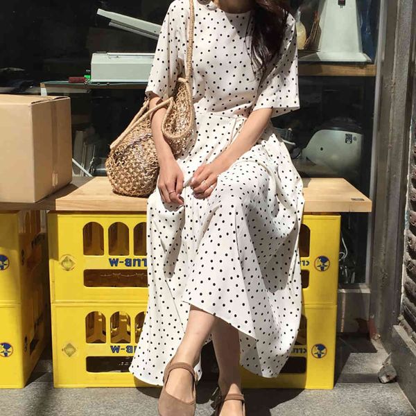 

casual dresses women summer polka dot slim waist bandage long dress female vintage vestidos with belt sundress robe longue femme z, Black;gray