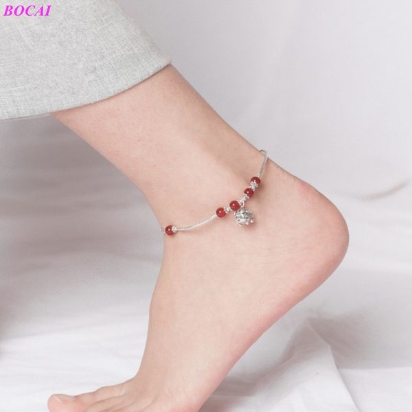 

bocai s925 sterling silver anklet chain summer new hand made 925 silver bracelet lady pig red agate anklet simple silver jewelry f1219, Red;blue