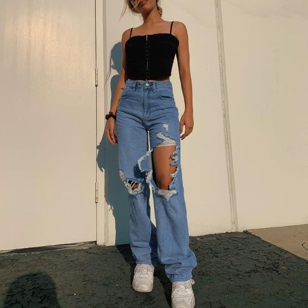 

women's jeans 2021 fashion ripped straight womens baggy vintage high waist boyfriends mom denim distressed streetwear, Blue
