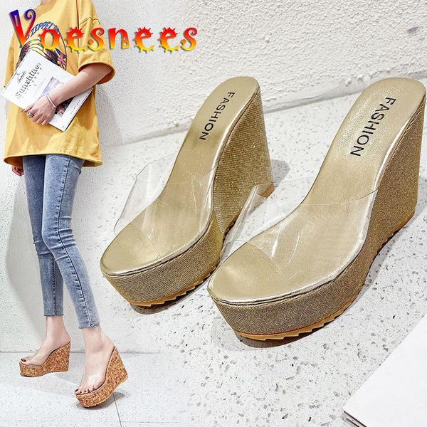 

slippers voesnees 2021 summer women transparent wedge slides platform glistening thick sole high heels11cm ladies shoes, Black