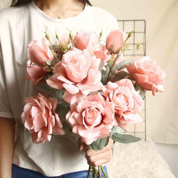 

decorative flowers & wreaths 1 pc ins artificial fake roses flannel flower bridal bouquet wedding party home decor garden offic