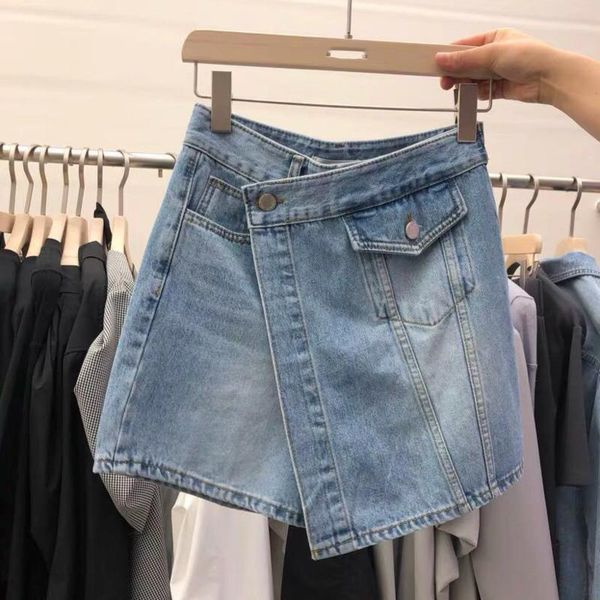 

skirts [ewq] 2021 summer classic vintage irregular high waist pack hip denim skirt blue women korea chic ladies bottom qv11505, Black