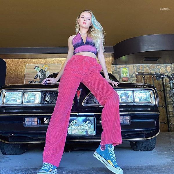 

high waist pockets corduroy trousers women streetwear vintage pocket pink sweatpants female casual pantalons capris1, Black;white