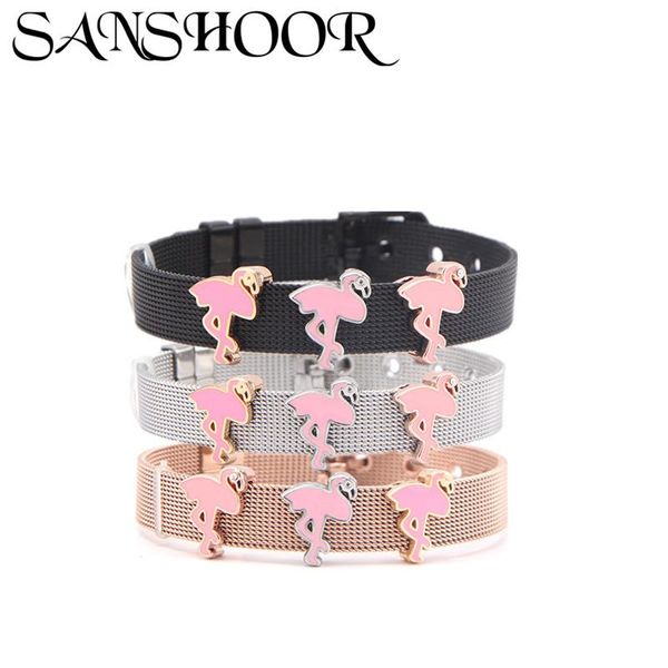 

charm bracelets sanshoor jewlery design 10mm stainless steel mesh bracelet bangle set with 3pcs lovely pink flamingo slide charms, Golden;silver