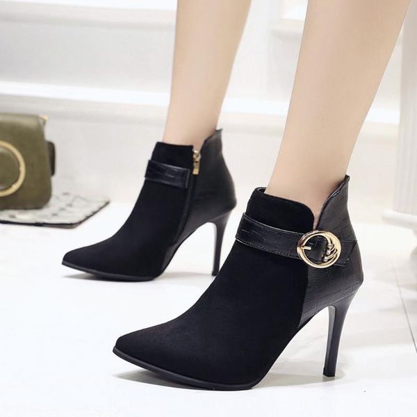 

boots women fashion buckle strap pointed toe thin heel shoes party #yb40, Black