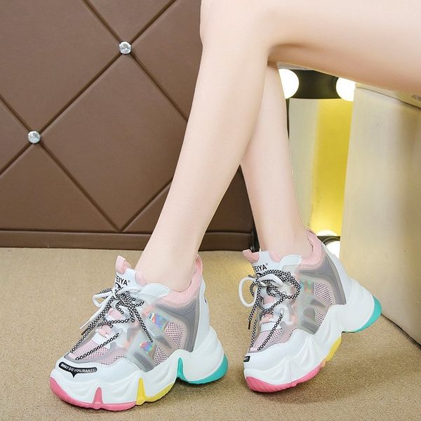 

Women Spring Fashion Sneakers 2021 Breathable Mesh Casual Shoes 9CM Wedge Heels Chunky Sneakers High Platform Chaussures Femme, Pink