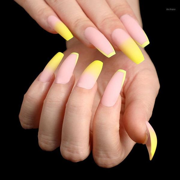 

24pcs long matte false nails tips gradient edging yellow removable coffin manicure artificial fingernail1, Red;gold