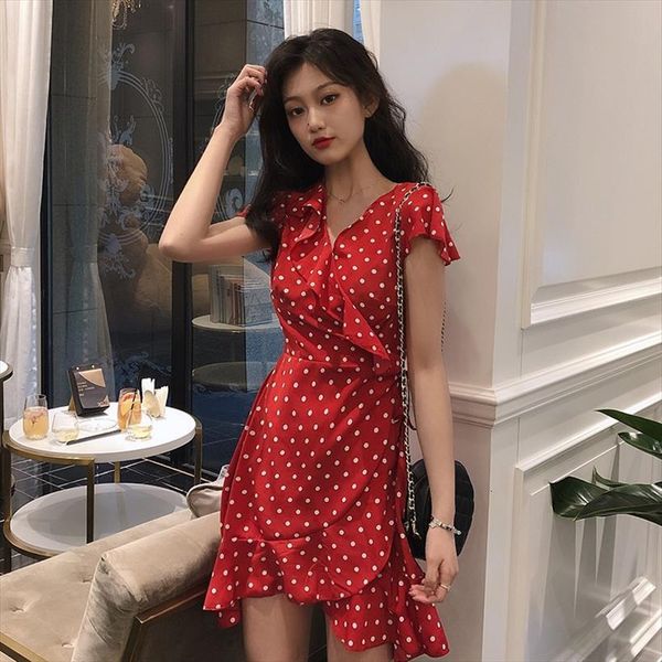 

polka dots summer casual women dress short sleeve v neck ruffle fashion lace up chiffon dresses female vestidos, Black;gray