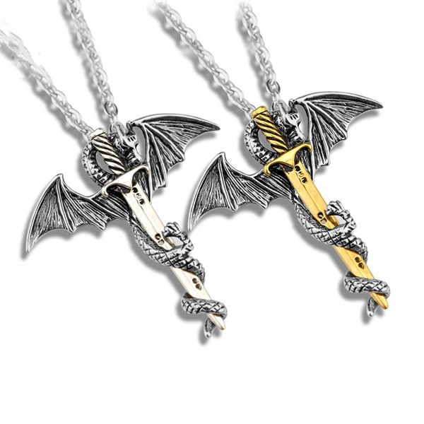 

super personality cool stainless steel pendant necklace accessories luminous pterosaur sword men dragon punk jewelry, Silver