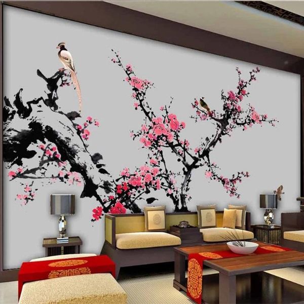 

custom po wallpaper ink landscape plum blossom flowers and birds mural modern living room tv sofa study background wall decor wallpapers