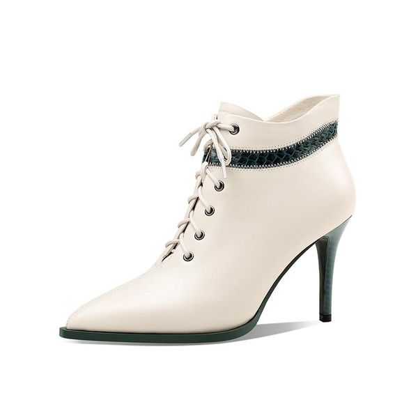 

boots snake prints winter lace up pointed toe mixed colors fashion ankle for women genuine leather high heels, Black