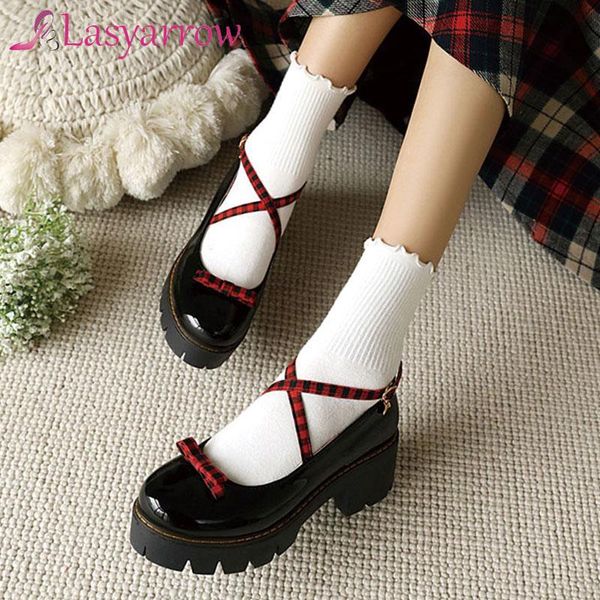 

dress shoes lasyarrow 2021 spring pu leather vintage platform mary janes women high heel pumps round toe bowtie, Black