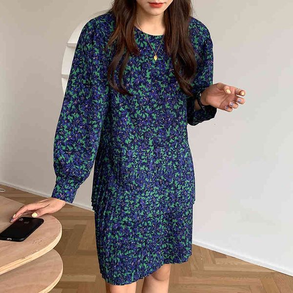

women's jackets korean chic autumn spring women romantic sweet floral round neck slim loose lantern sleeve pleated dress l9u0, Black;brown