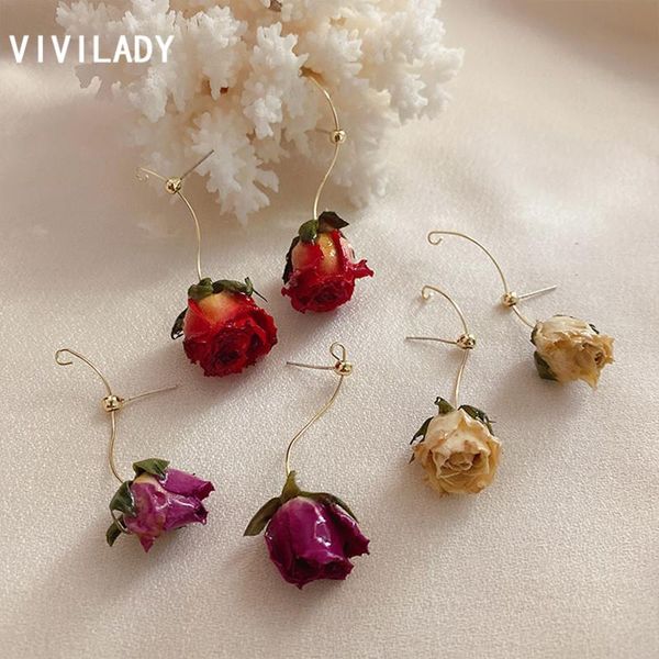 

retro romantic colorful natural dried rose flower pendant women stud earrings prevent allergy chic female jewelry gift, Golden;silver