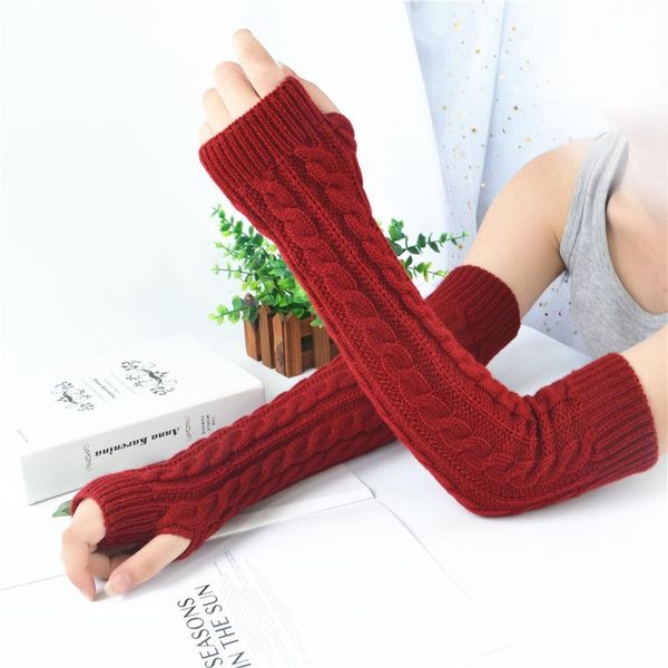 

five fingers gloves 2021 woolen long fingerless winter warm for women acrylic knitted sleeve arm warmers outdoor mittens, Blue;gray