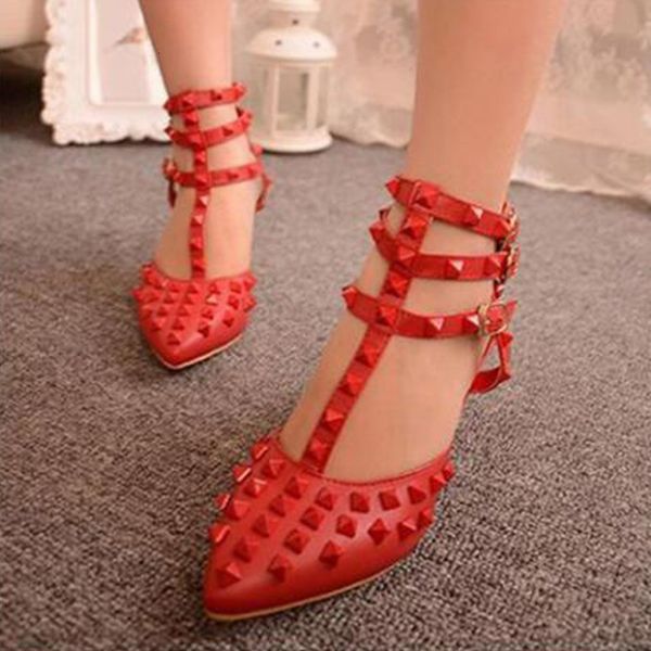 

standing wedding liuding pointed all red rivet t-belt strap middle heel high heel's single sho cool, Black