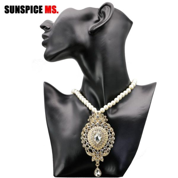 

pendant necklaces sunspice ms fashion women bead necklace gold color imitation pearl chain round flower crystal jewelry drop 2021, Silver