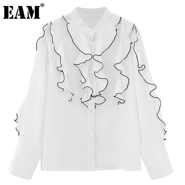 

[eam] women white ruffles vintage blouse stand collar long sleeve loose fit shirt fashion tide spring autumn 2021 1dd526700 women's blo