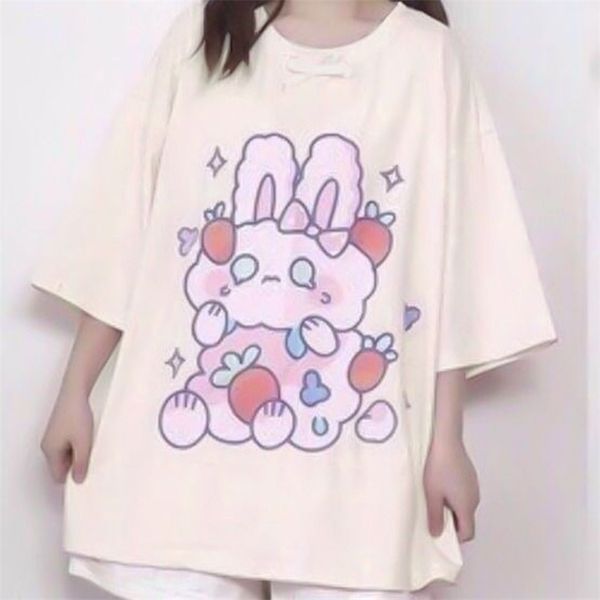 

qweek kawaii tshirt women fashion cute print women oversized t shirt casual loose cotton pink graphic t shirts 210320, White