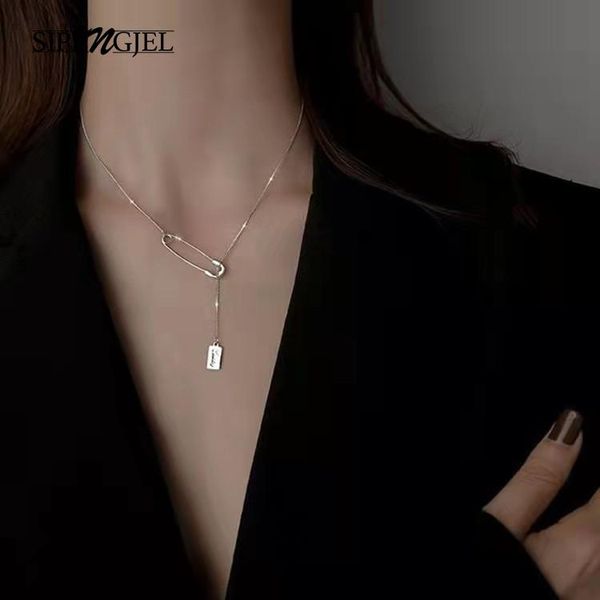 

chains sipengjell fashion silver color geometric necklace paper clip pin drop square lucky clavicle for women fine jewelry