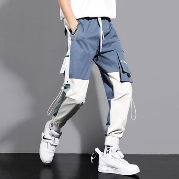 

mens cargo pants teenagers wild tie stitching student tide hip hop tide drawstring summer thin casual pants, Black