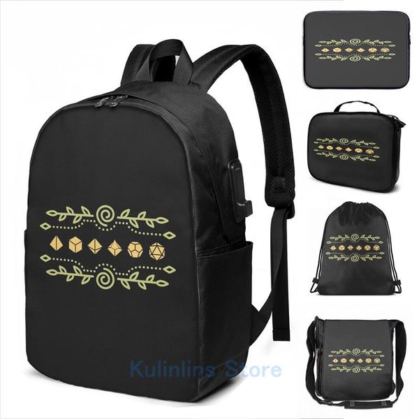 

backpack graphic print leaves yellow polyhedral dice set of the druid usb charge men school bags women bag travel laptop