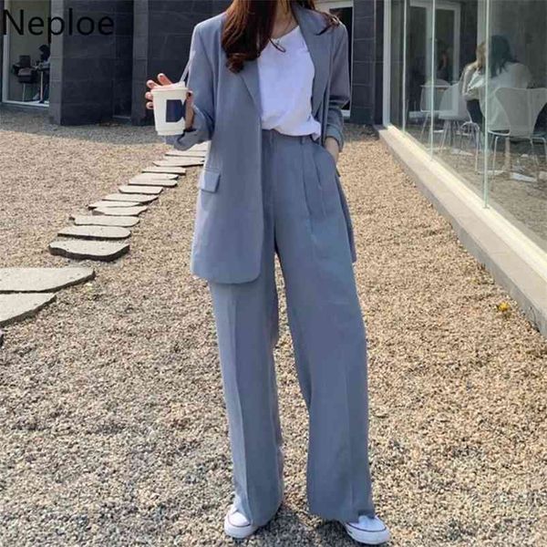 Arbeit style ol solide 2 stücke frauen set umdrehen kragen langarm blazer + hohe taille hüfte geradheise pants anzüge frühling 210422