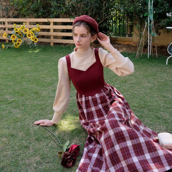 

casual dresses original design autumn winter women vintage elegant slim plaid wool slip dress ladies sweet all match long r8jz, Black;gray