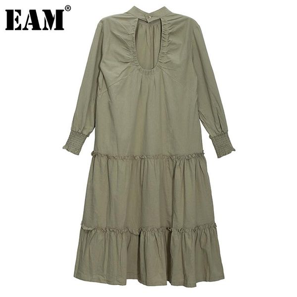 

casual dresses [eam] women green hollow out pleated long dress stand collar sleeve loose fit fashion tide spring autumn 2021 1de2320, Black;gray