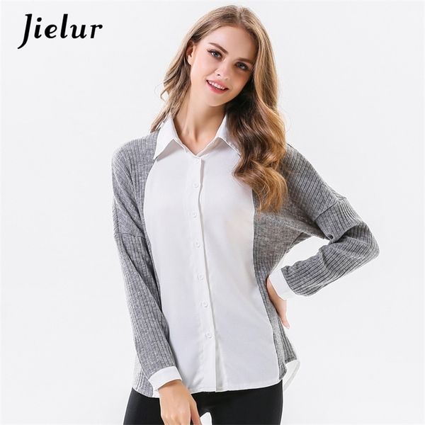 

europe chic spring autumn women's shirt gray and white spell color knitted splicing female casual long sleeve blouse 210426