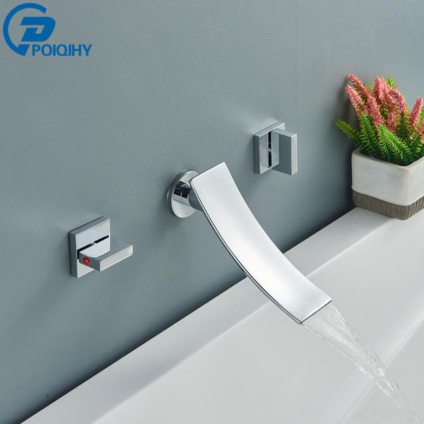 

wall faucet dual handle bathroom mixer tap waterfall mounted cold chrome long spout sink faucets