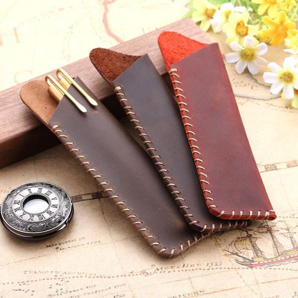 

pencil cases 1pc handmade genuine leather bag vintage fountain ballpoint portable double case storage sleeve pouch bags