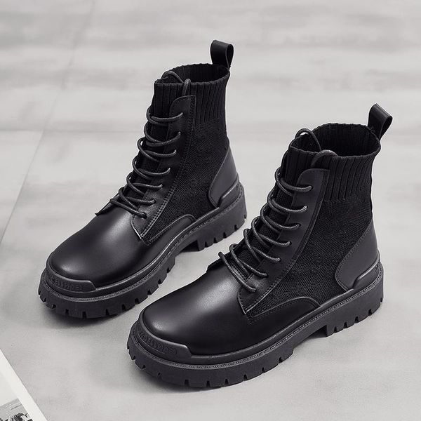 

boots weideng women's shoes leather stretch cloth rubber sole lace up flat non-slip winter high ankle casual, Black