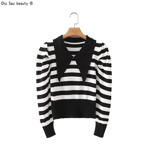 

women's sweaters early autumn fashion vintage casual knit sweater 2021 women korean collar puff sleeve striped short pullover, White;black