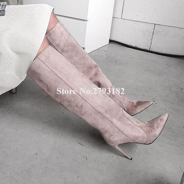 

boots women elegant pointed suede knee high stiletto heel charming slip-on long classical style dress shoes, Black